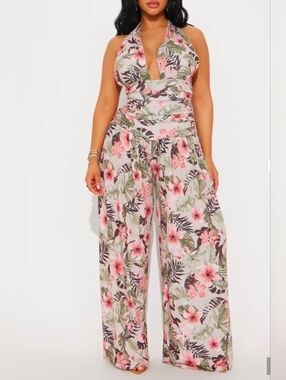 Fashion Nova Pink Floral Halter Wide-Leg Jumpsuit